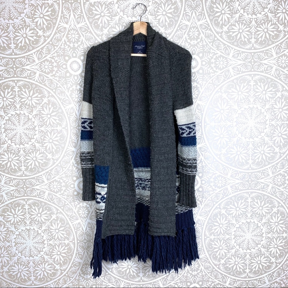 American Eagle Blue & Gray Chunky Fringe Cardigan